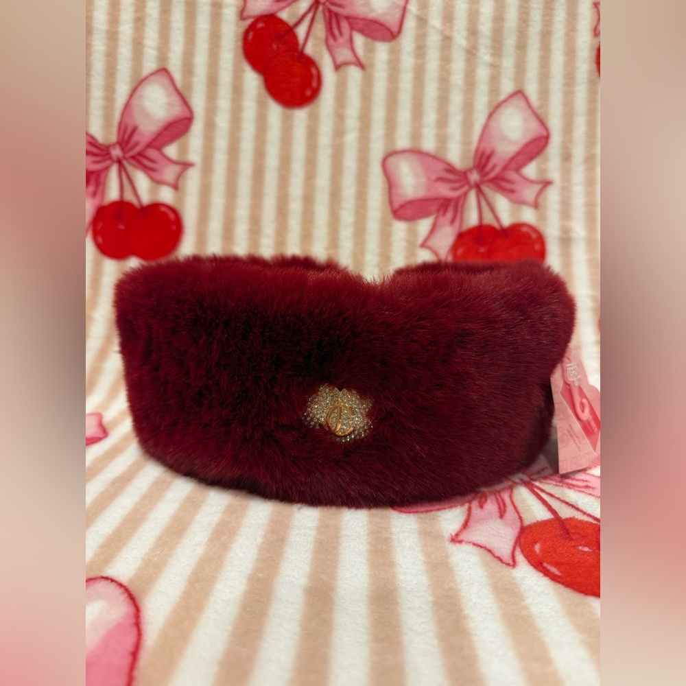 Juicy Couture Deep Red Faux Fur Headband with Gold Accent